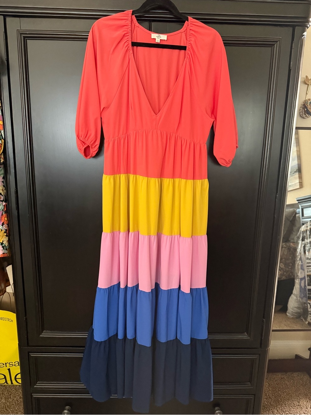 Entro Colorblock Tiered Maxi Dress - Coral Pink Yellow Blue